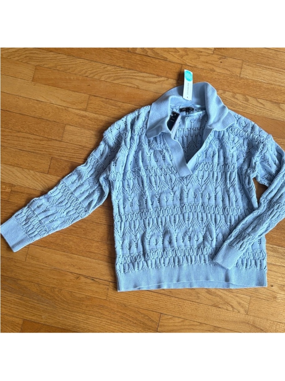 Light Blue Openwork V-Neck Polo Sweater